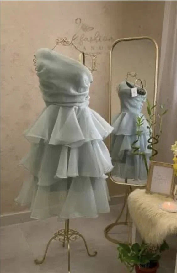Elegantes Ein-Schulter Homecoming-Kleid Blaues A-Line Mini-Partykleid Y7665