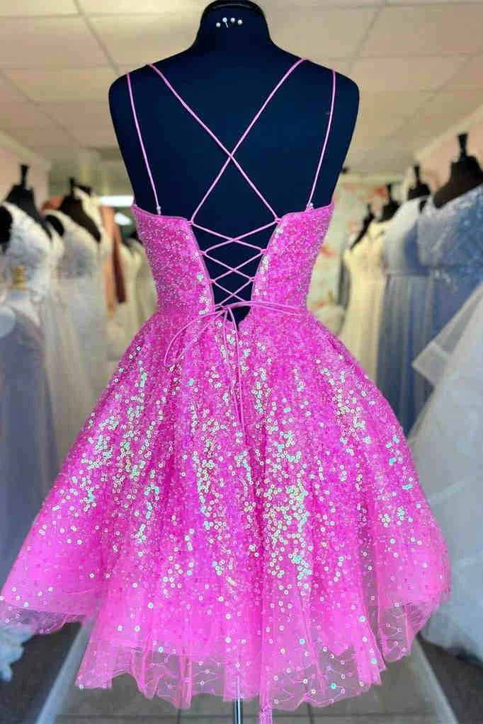 Vestido Lindo de Color Rosa Fuerte Brillante con Lentejuelas en Corte A para el Baile de Regreso a Casa Y1641