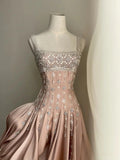Robe de bal satin nude luxueuse à perles diamant main Y4542