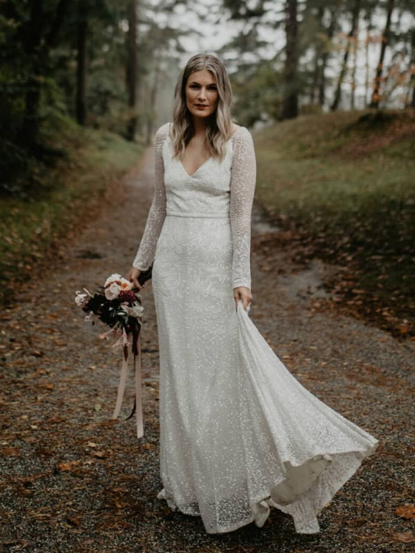 Vestidos de noiva compridos com decote em V, manga comprida e costas em V, acessíveis, DB10683