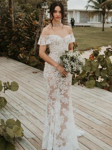 Einfache Sexy Off-shoulder Meerjungfrau Spitze Durchsichtige Lange Brautkleider Abendkleider.DB10709