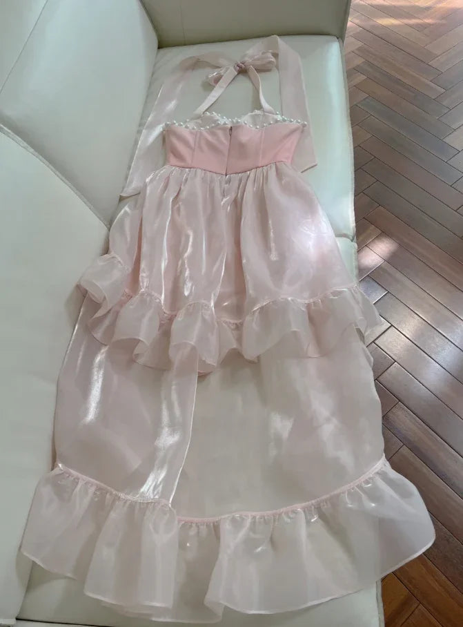 Einfaches Homecoming-/Partykleid mit Halter, rosa Tüll, Perlenbesatz, High-Low-Rüschen Y8582