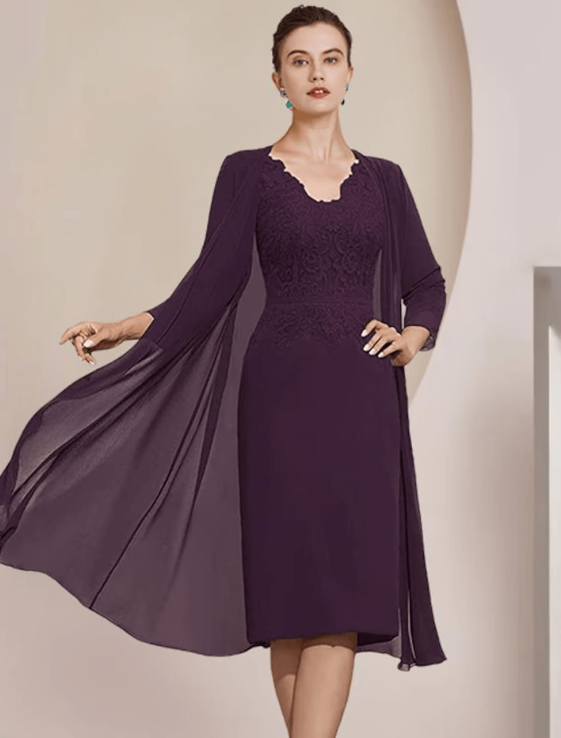 Vestido de mãe da noiva de duas peças, bainha/coluna, formal, para convidada de casamento, elegante, decote em V, comprimento até ao joelho, chiffon, renda, manga curta, com aplicações
