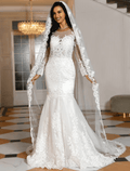 Abiti da Sposa Royal Style Formali con Strascico Spazzola/Treno, Modello Sirena/Tromba, Manica Lunga, Scollo a Barchetta, Pizzo e Applicazioni con Perline