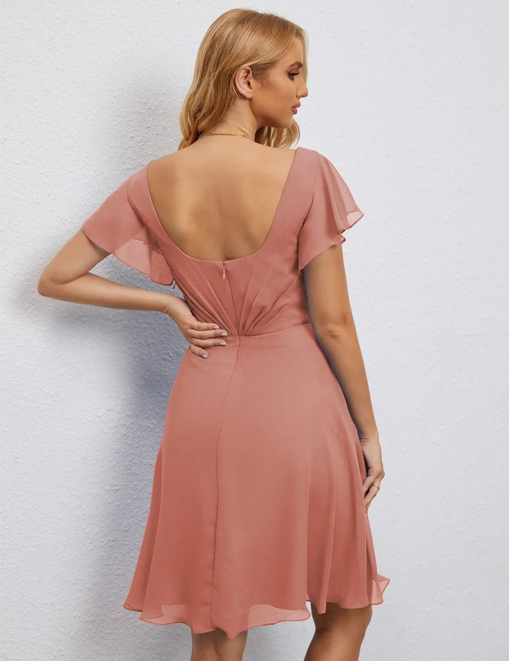 Vestido de Regreso a Casa con Espalda en U de Numbersea Vestido Formal para el Baile de Graduación Largo hasta la Rodilla Mangas Cortas Vestido para Fiesta de Cóctel 28077