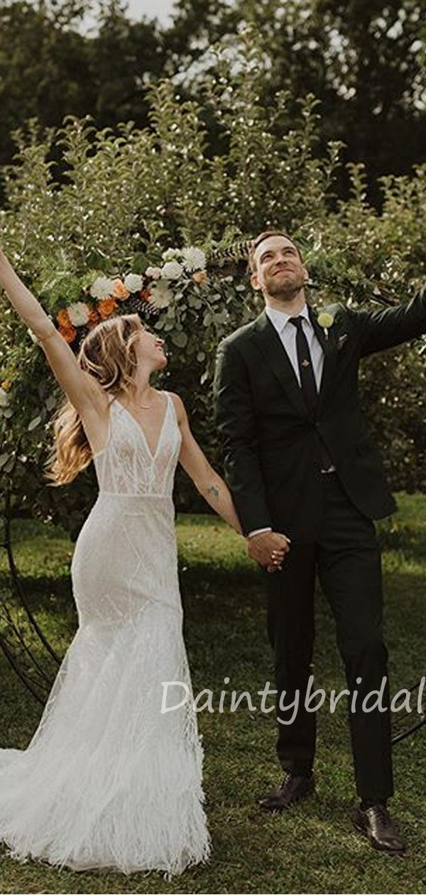 Meerjungfrau V-Ausschnitt Tüll Spitze Durchsichtige Brautkleider.DB10409