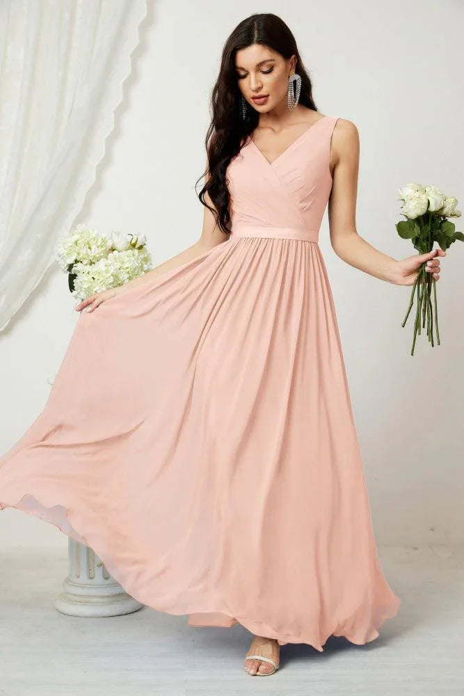 Vestido de dama de honor largo de gasa para mujer, línea A sin mangas, vestido formal de baile de graduación para fiesta nocturna, vestido de regreso a casa 2808