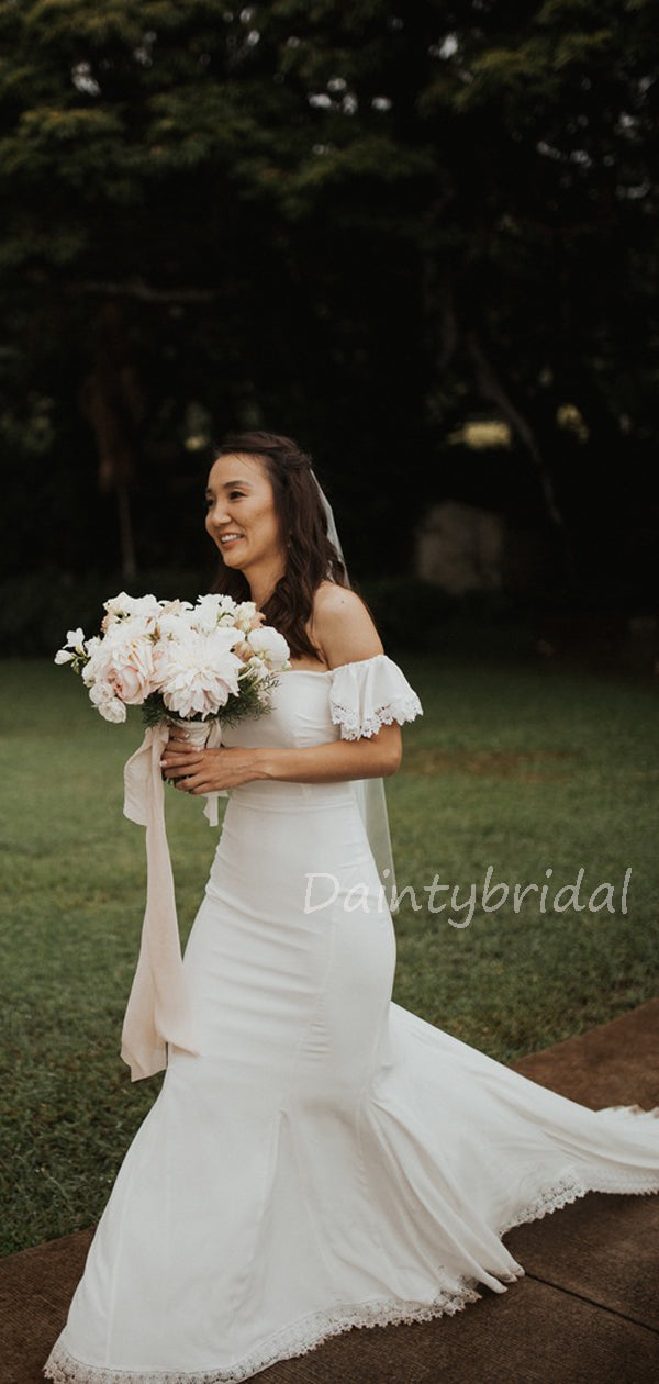 Vestidos de noiva compridos e bonitos, com corte direito e renda sereia, acessíveis. DB10624