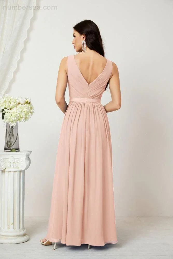 Abito da Sera Donna in Chiffon Lungo per Damigelle, Scollato, Senza Maniche, Linea A, per Feste Serali, Ballo di Fine Anno e Homecoming, Modello 2808