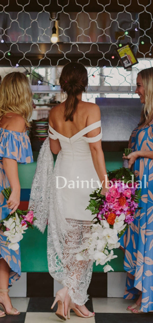 Sexy Straight Off-shoulder Lace Mermaid With Train Long Wedding Dresses.DB10644