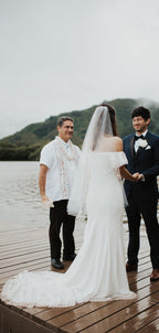 Vestidos de noiva compridos e bonitos, com corte direito e renda sereia, acessíveis. DB10624