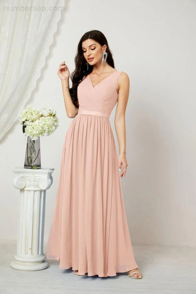 Abito da Sera Donna in Chiffon Lungo per Damigelle, Scollato, Senza Maniche, Linea A, per Feste Serali, Ballo di Fine Anno e Homecoming, Modello 2808