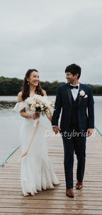 Vestidos de noiva compridos e bonitos, com corte direito e renda sereia, acessíveis. DB10624