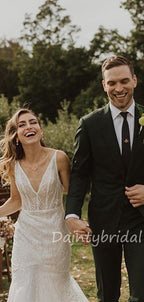 Meerjungfrau V-Ausschnitt Tüll Spitze Durchsichtige Brautkleider.DB10409