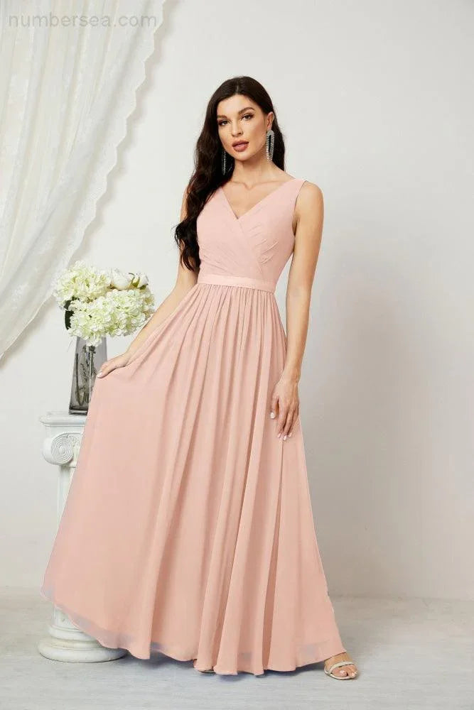 Abito da Sera Donna in Chiffon Lungo per Damigelle, Scollato, Senza Maniche, Linea A, per Feste Serali, Ballo di Fine Anno e Homecoming, Modello 2808