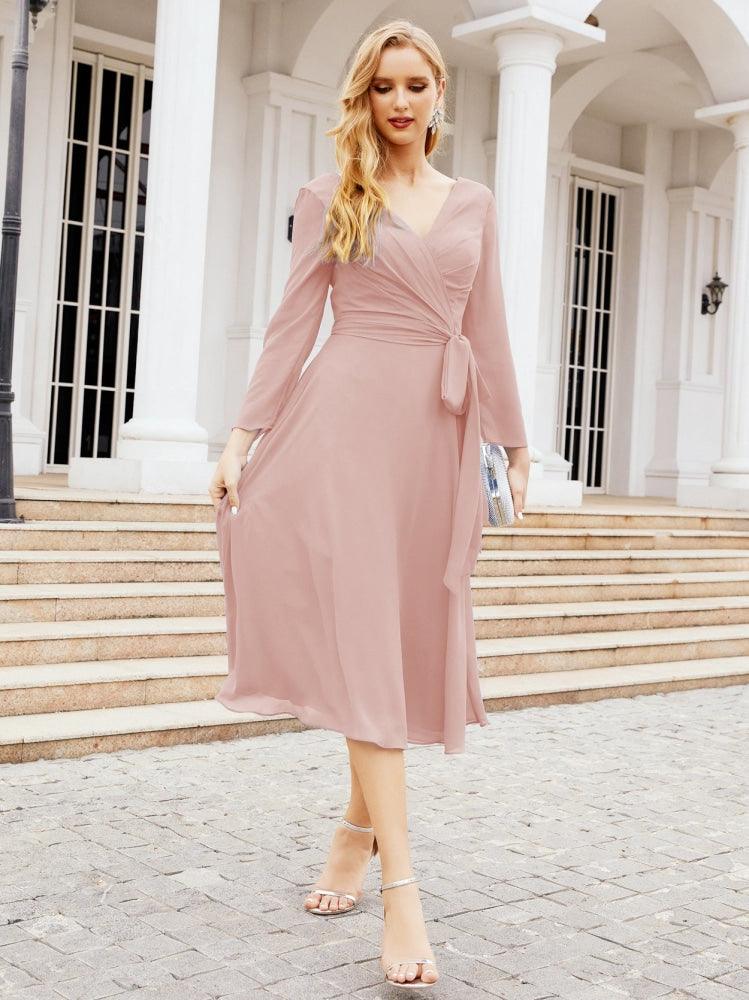 Vestido de madrinha com decote em V e cinto para mãe da noiva e convidada de casamento 28031 