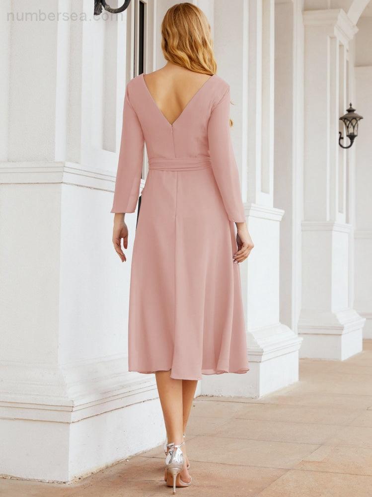 Vestido de madrinha com decote em V e cinto para mãe da noiva e convidada de casamento 28031 