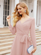 Vestido de madrinha com decote em V e cinto para mãe da noiva e convidada de casamento 28031 