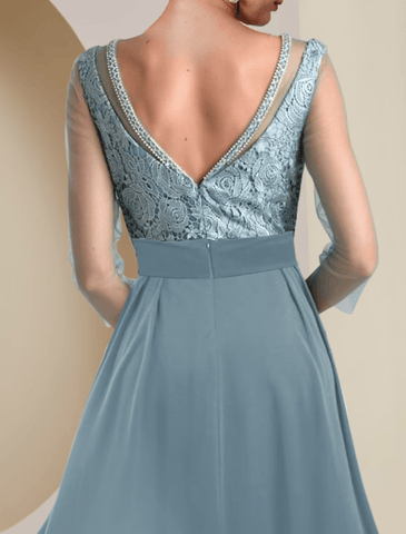 Two Piece Sheath / Column Mother of the Bride Dress Formal Wedding Guest Vintage Elegant Jewel Neck Tea Length Knee Length Chiffon Lace 3/4 Length Sleeve with Beading Appliques