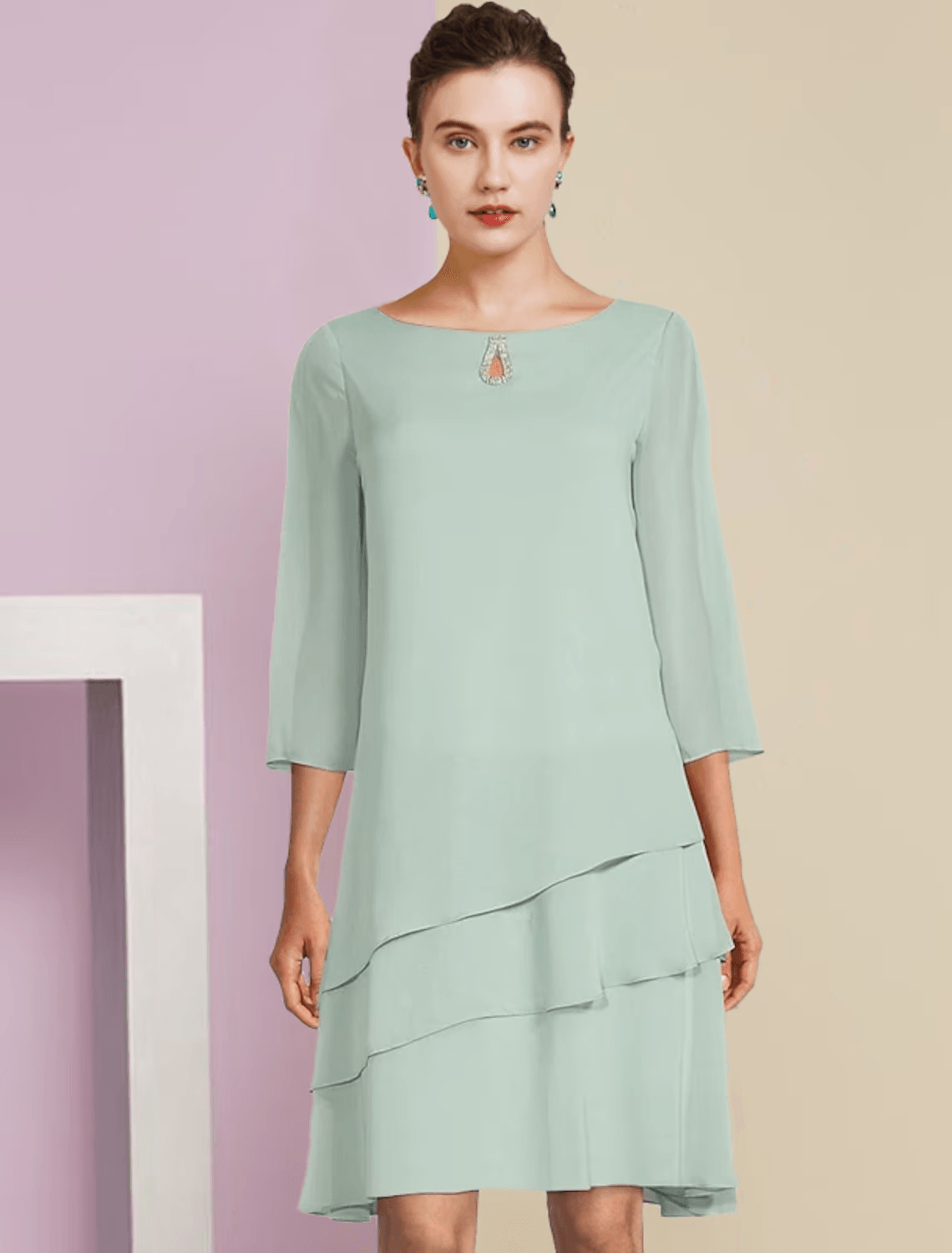 Vestido de mãe da noiva em duas peças, corte A, formal, para convidada de casamento, elegante, decote redondo, comprimento até ao joelho, chiffon, manga 3/4 com camadas