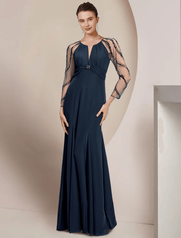 heath / Column Mother of the Bride Dress Wedding Guest Vintage Elegant V Neck Floor Length Chiffon Long Sleeve with Pleats Sequin