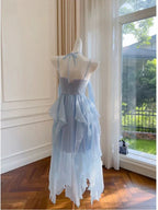 Vestido elegante de gasa azul con tirantes finos para fiesta de bienvenida o cumpleaños Y7573