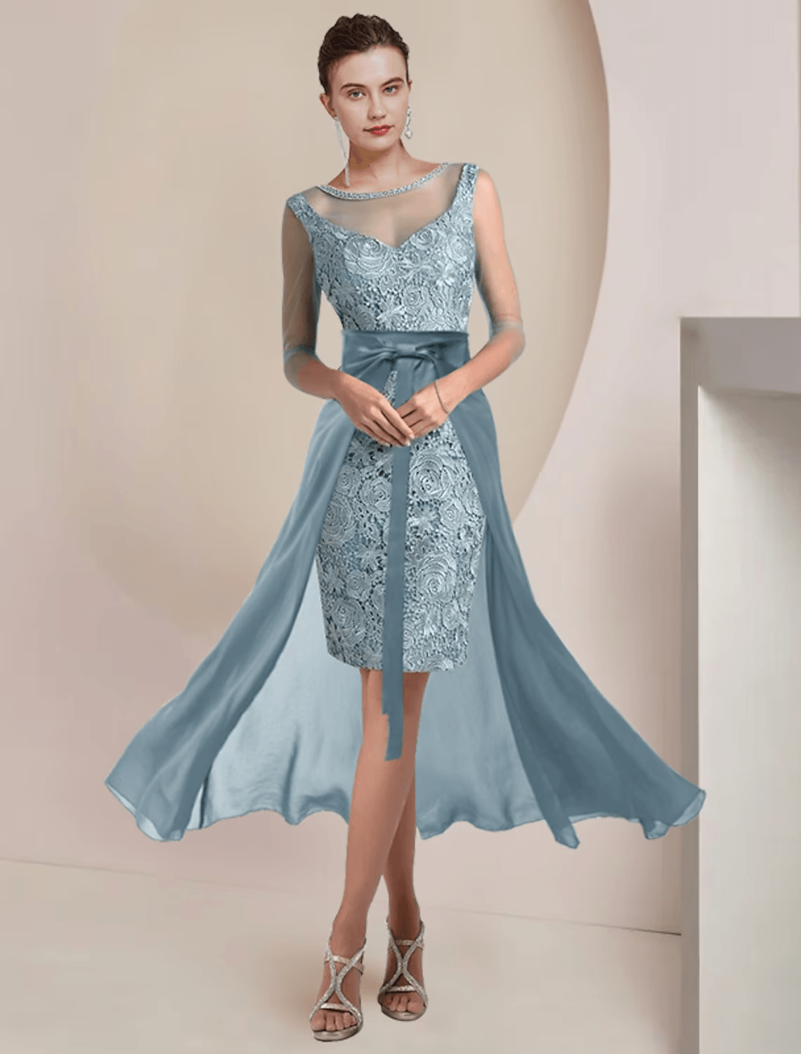 Vestido de mãe da noiva de duas peças, estilo coluna, formal, para casamento, vintage, elegante, com decote em joia, comprimento chá, comprimento até ao joelho, chiffon, renda, manga 3/4 com aplicações de missangas