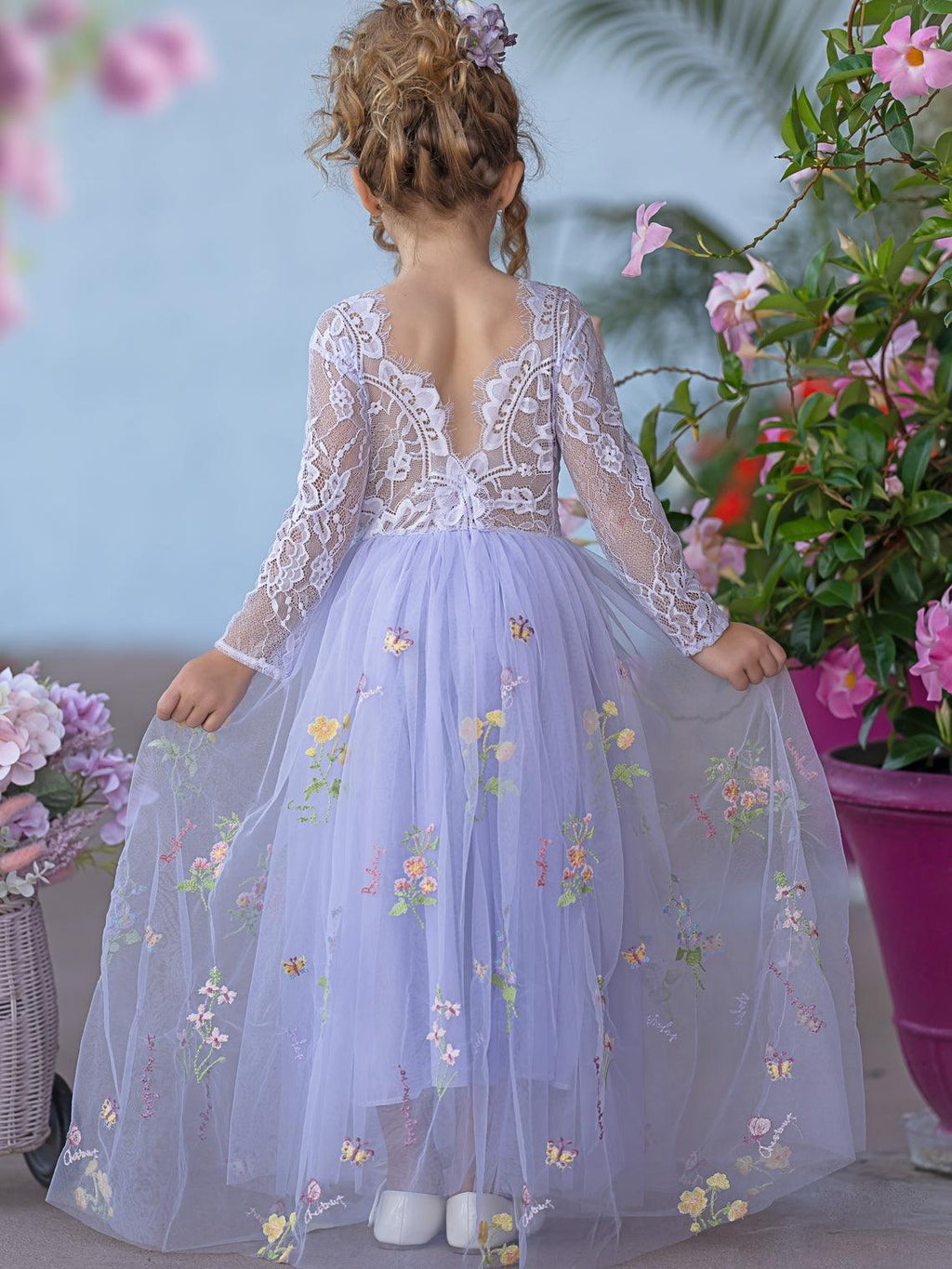 Floral Lace Embroidered Tulle A-Line Floor Length Garden Flower Girl Dress