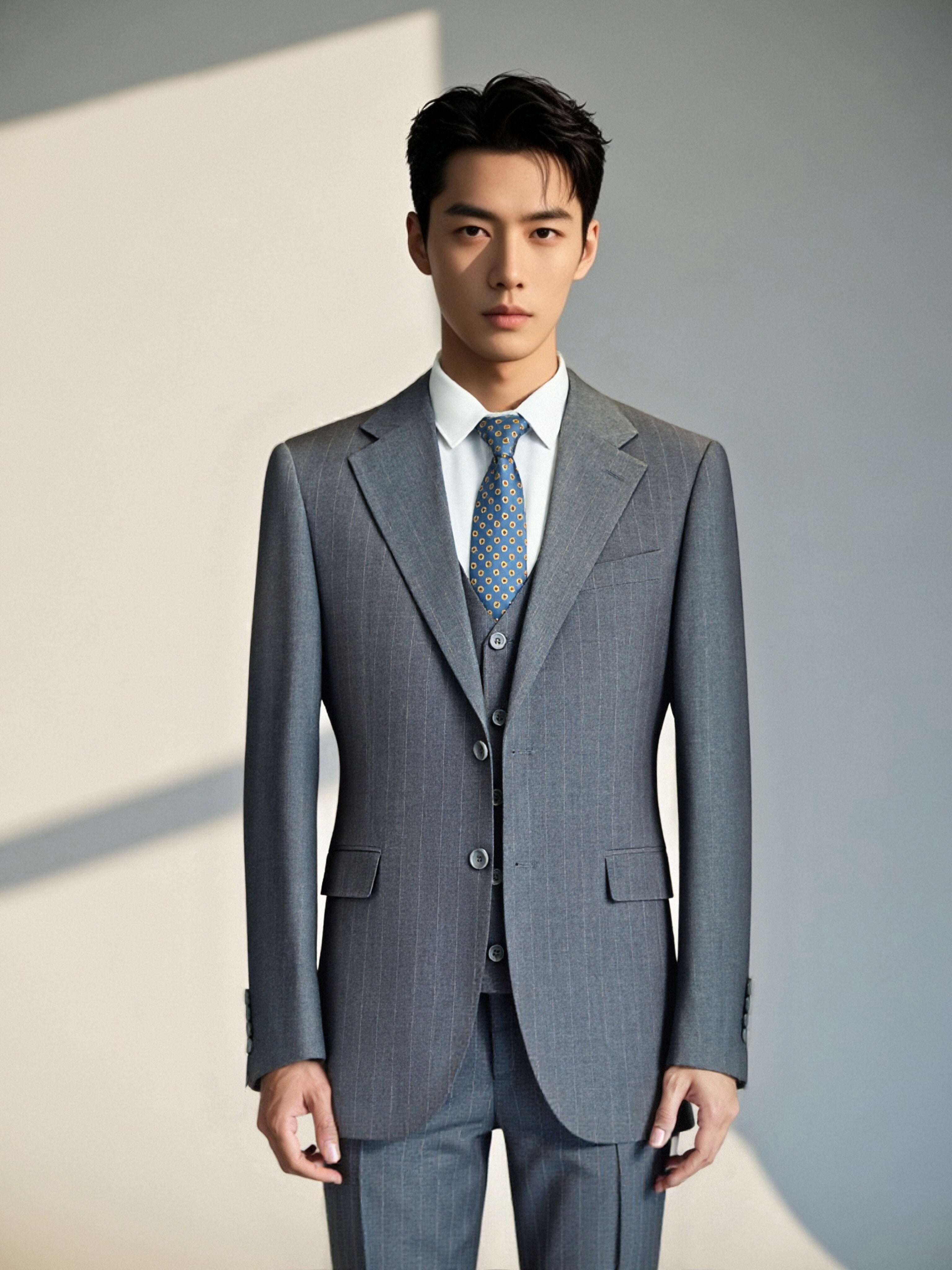 Three-Piece Subtle Pinstripe Grey Wool Suit | Tailored Formal Groom & Business Suit