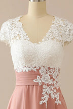 Mother of Bride Dress V Neck Appliques Short Sleeves