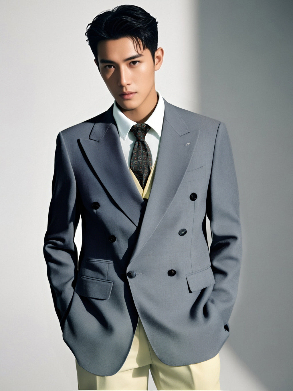 Fato de Lã Cinza Claro de Gola Cruzada | Fato de Noivo Formal e de Negócios Ajustado