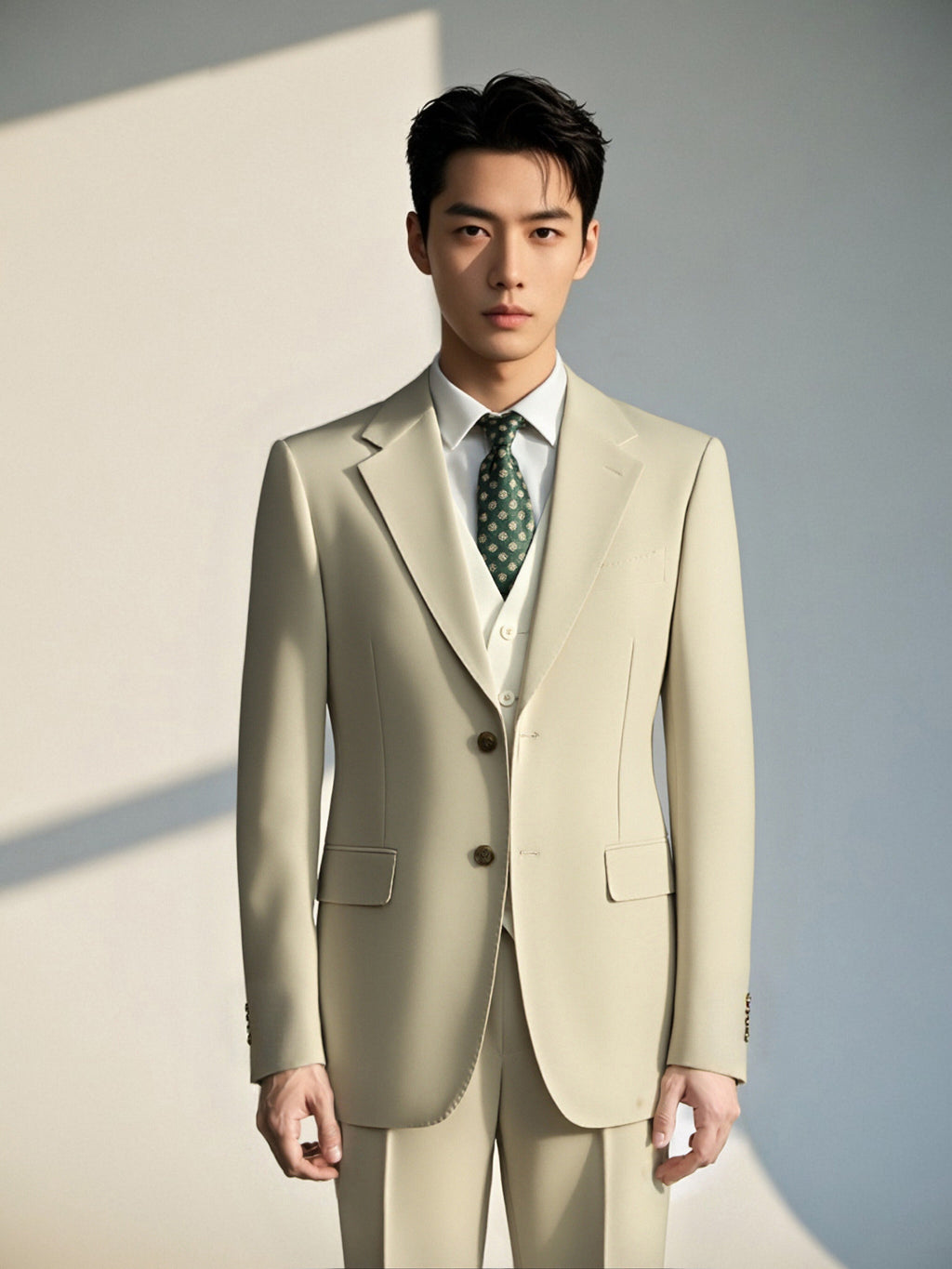 Costume trois-pièces en laine crème | Costume de cérémonie sur mesure pour marié et mariage d'été