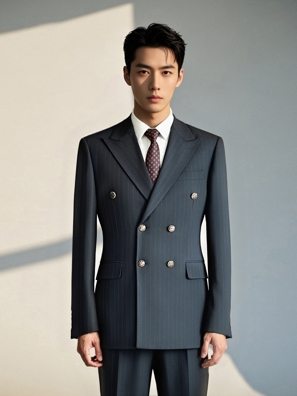 Double-Breasted Navy Pinstripe Wool Suit | Tailored Formal Groom & Business Suit