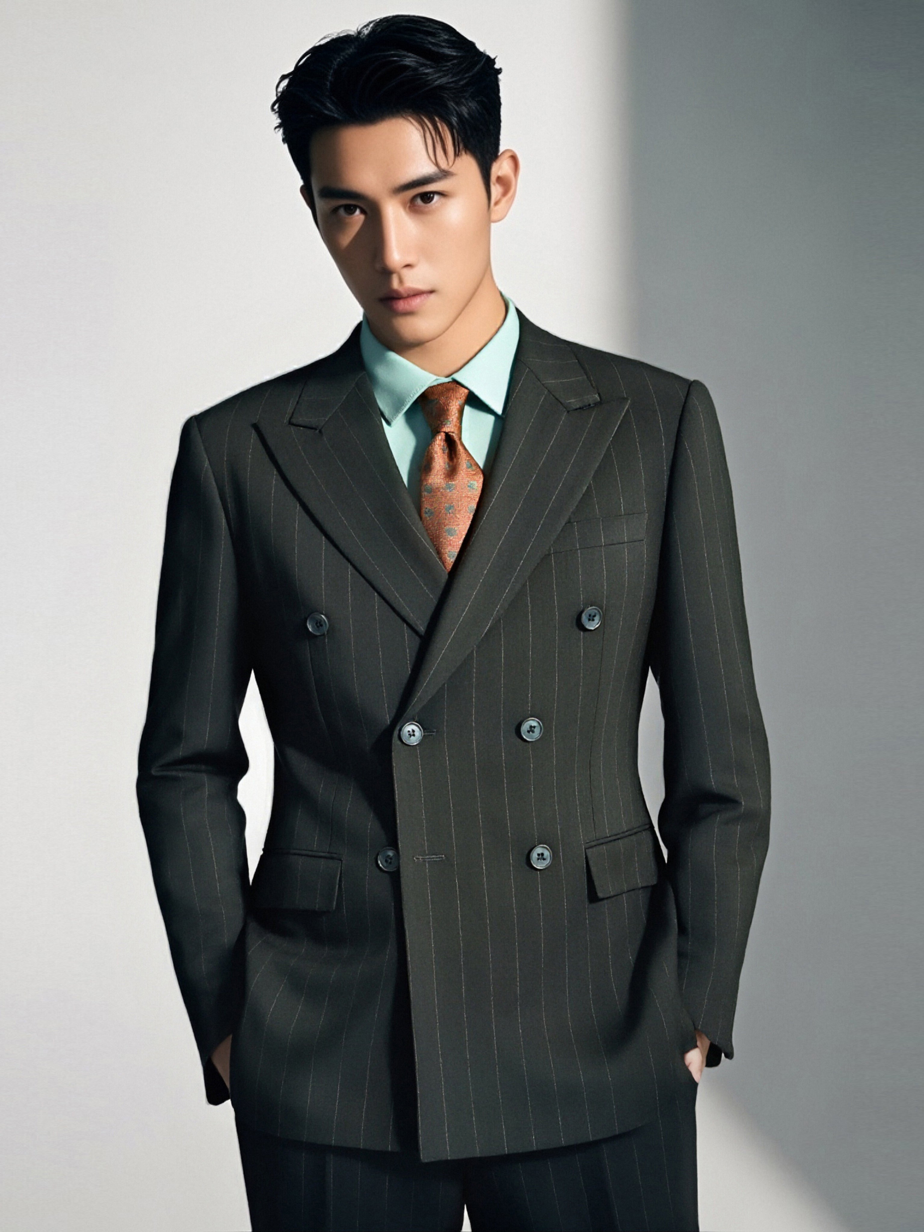 Double-Breasted Charcoal Pinstripe Wool Suit | Tailored Formal Groom & Business Suit
