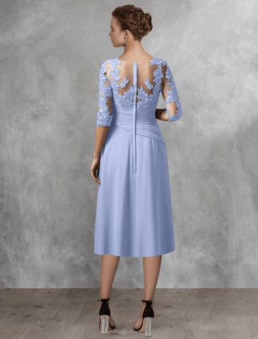 Zweiteiliges A-Linien-Kleid für die Mutter der Braut, Hochzeitsgast, eleganter quadratischer Ausschnitt, knielang, Chiffon, Spitze, halbe Ärmel, Wickelkleid inklusive, seitlich drapierte Applikationen