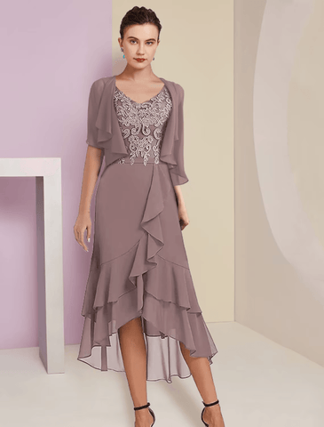 Zweiteiliges A-Linien-Kleid für die Mutter der Braut, formelle Hochzeitsgäste, elegant, hoher und niedriger V-Ausschnitt, asymmetrisch, knielang, Chiffon, Spitze, kurze Ärmel, 3/4-Ärmel, Wickelkleid inklusive Applikationen