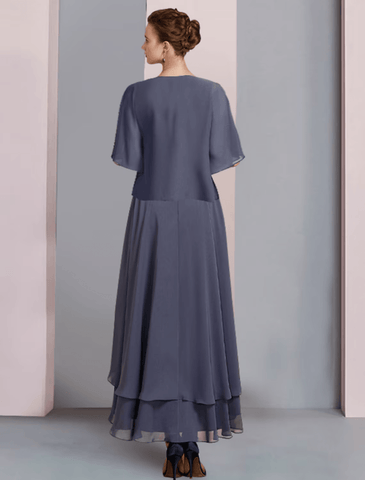 Zweiteiliges A-Linien-Kleid für die Mutter der Braut, formeller Hochzeitsgast, eleganter U-Ausschnitt, asymmetrische Wadenlänge, Chiffon-Spitze, kurze Ärmel, Wickelkleid inklusive Perlenapplikationen
