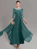 Abito da sposa per madre della sposa / colonna Invitato di nozze Semplice Elegante Scollo a girocollo Lunghezza caviglia Chiffon Pizzo Manica 3/4 con pieghe e paillettes