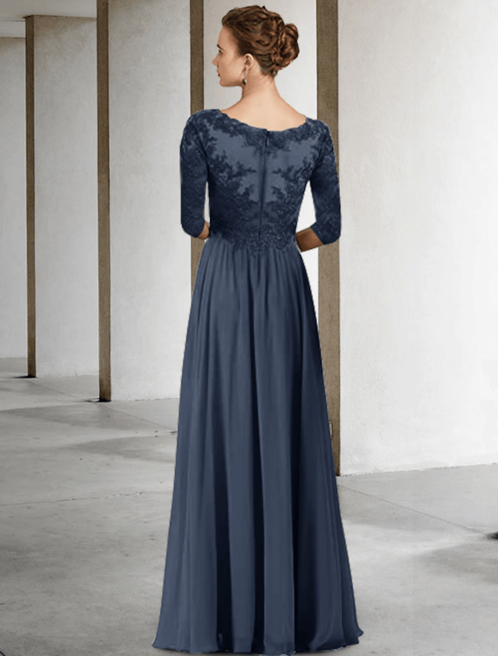 Zweiteiliges A-Linien-Kleid für die Brautmutter in Übergröße, elegant, hoher und niedriger V-Ausschnitt, asymmetrisch, bodenlang, Chiffon, Spitze, halbe Ärmel, Wickeljacke inklusive, Kleider mit Faltenapplikationen