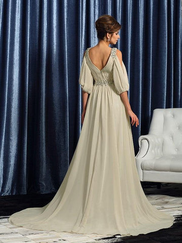 Kleider für die Brautmutter A-Linie V-Ausschnitt Perlenbesatz 1/2 Ärmel Lang Chiffon