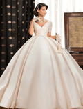 Vestidos de noiva formais, cauda longa, vestido de baile, manga curta, decote em V, cetim com franzido, cor sólida