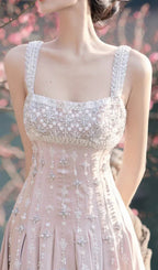 Robe de bal satin nude luxueuse à perles diamant main Y4542