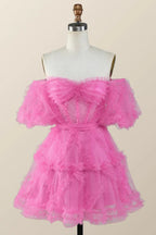 Homecoming-Kleid in A-Linie mit asymmetrischem Schulterteil, heißen pinken Rüschen und kurzem Saum Y2783