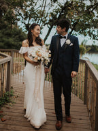 Vestidos de noiva compridos e bonitos, com corte direito e renda sereia, acessíveis. DB10624