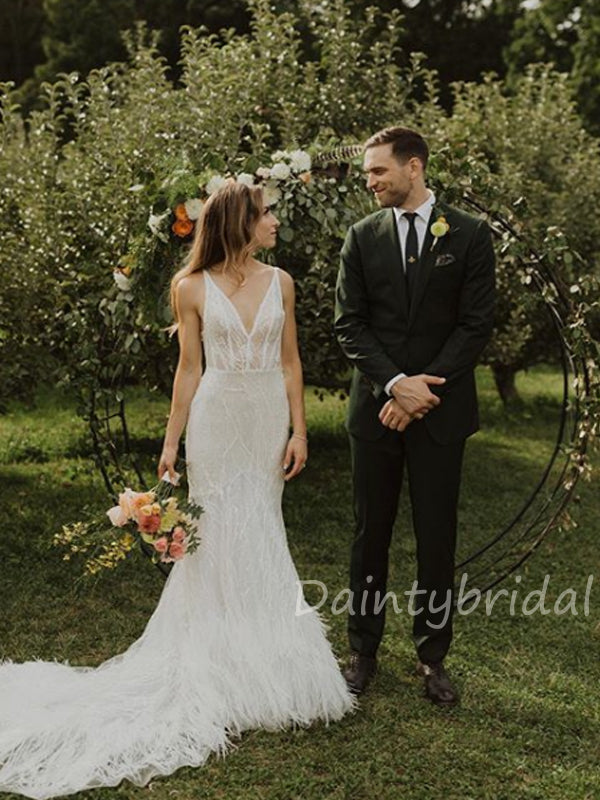 Meerjungfrau V-Ausschnitt Tüll Spitze Durchsichtige Brautkleider.DB10409