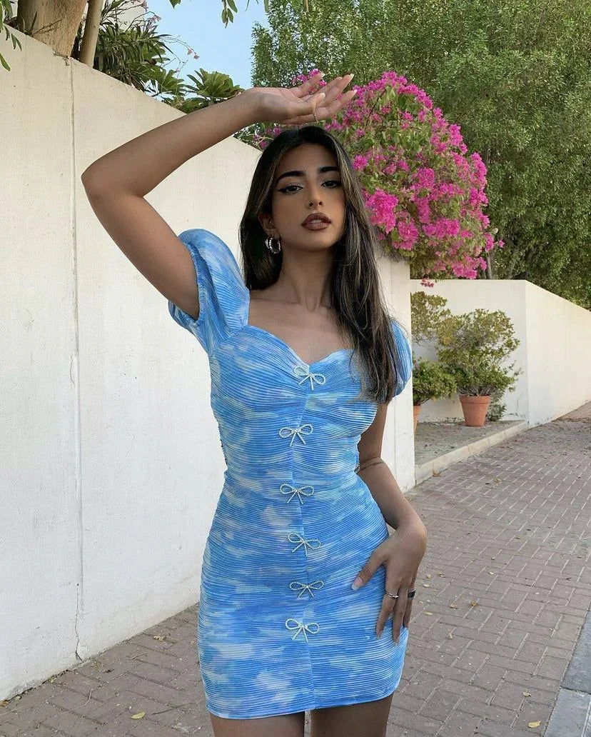 Blaues Tie-Dye Bodycon-Kleid Schickes Homecoming-Kleid Y2687