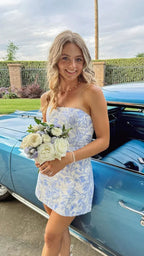 Trägerloses blaues Blumen-Mini-Heimkehrkleid Sommerkleid Y2646