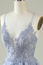 Robe courte pour bal de fin d'études violet clair à bretelles spaghetti ligne A avec applications Y2671