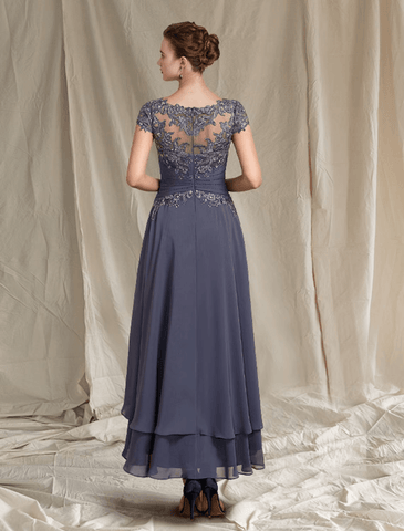 Zweiteiliges A-Linien-Kleid für die Mutter der Braut, formeller Hochzeitsgast, eleganter U-Ausschnitt, asymmetrische Wadenlänge, Chiffon-Spitze, kurze Ärmel, Wickelkleid inklusive Perlenapplikationen