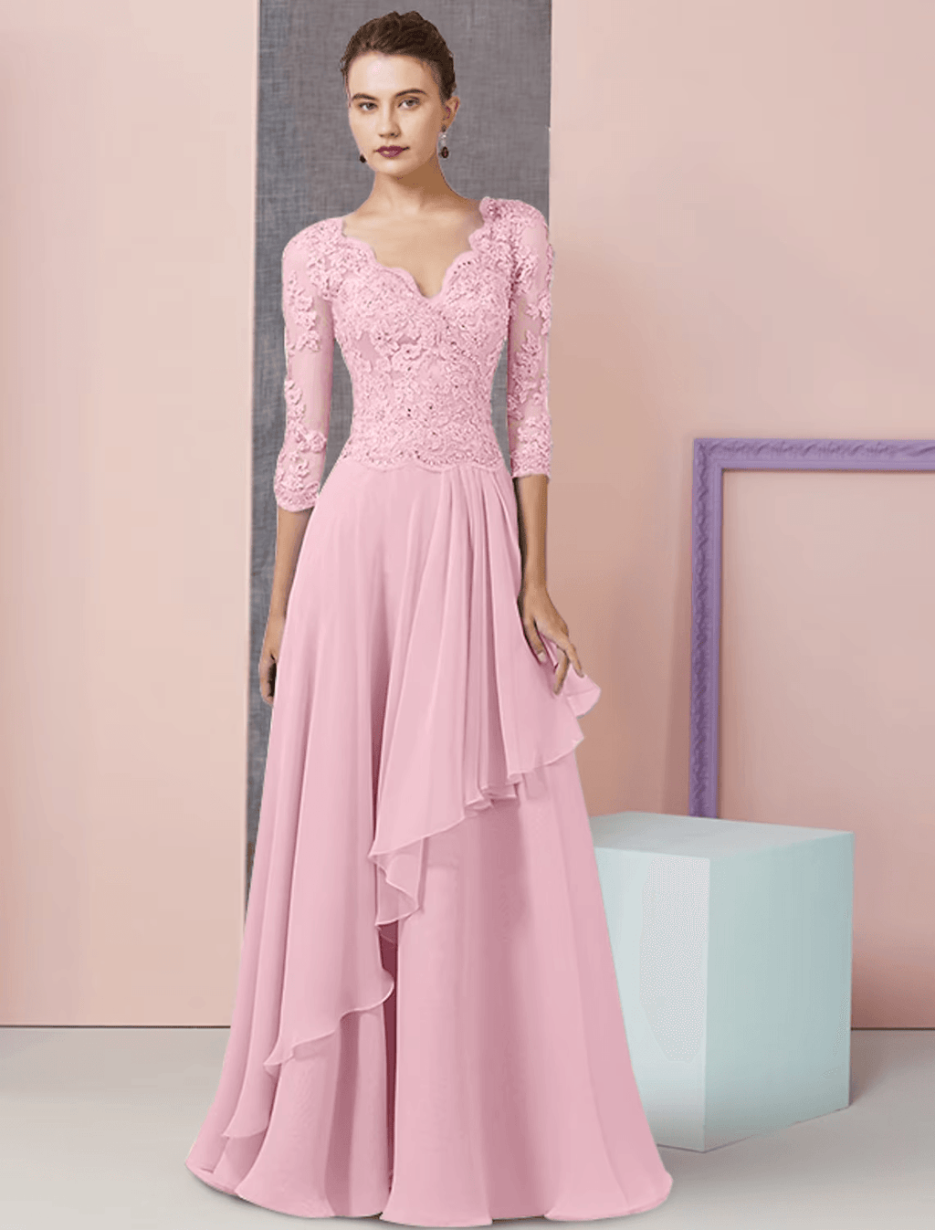 Vestido de mãe da noiva em duas peças, corte A, formal, para festa de casamento, elegante, decote em V, comprimento até ao chão, chiffon, renda, manga curta, com aplicações de lantejoulas e missangas